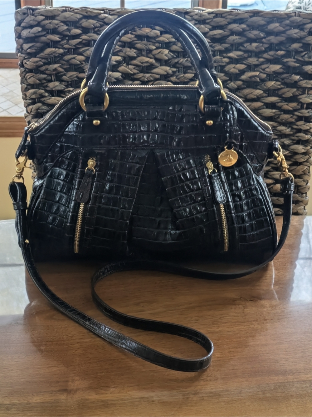 Sold!! Brahmin Black/Brown Croc-Embossed Satchel with Gold Hardware - Picture 2 of 9